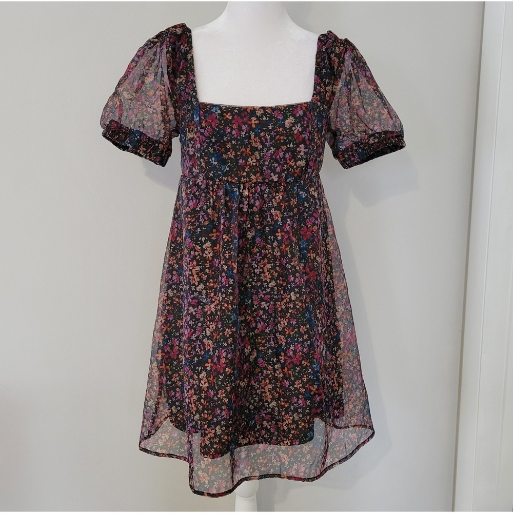 Y2K Cottage Romantic Floral Babydoll Mini Dress SMALL Sheer Overlay Whimsigoth